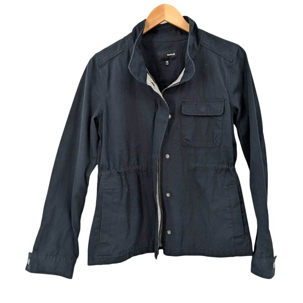 Hurley Utility Jacket Womens M Black Zip Snap Front Drawstring Waist Cotton